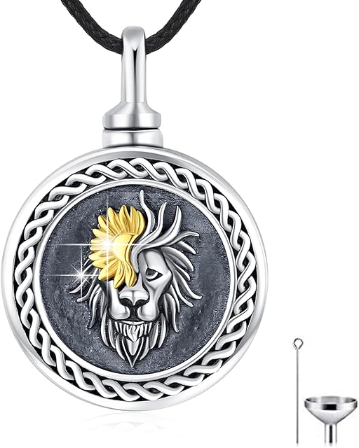 JFASHOP Lion Urn Necklace S925 Sterling Silver Viking Sunflowers Cremation Urn Necklace for Ashes Keepsake Lions Urns Jewellery for Women Girls Men Men