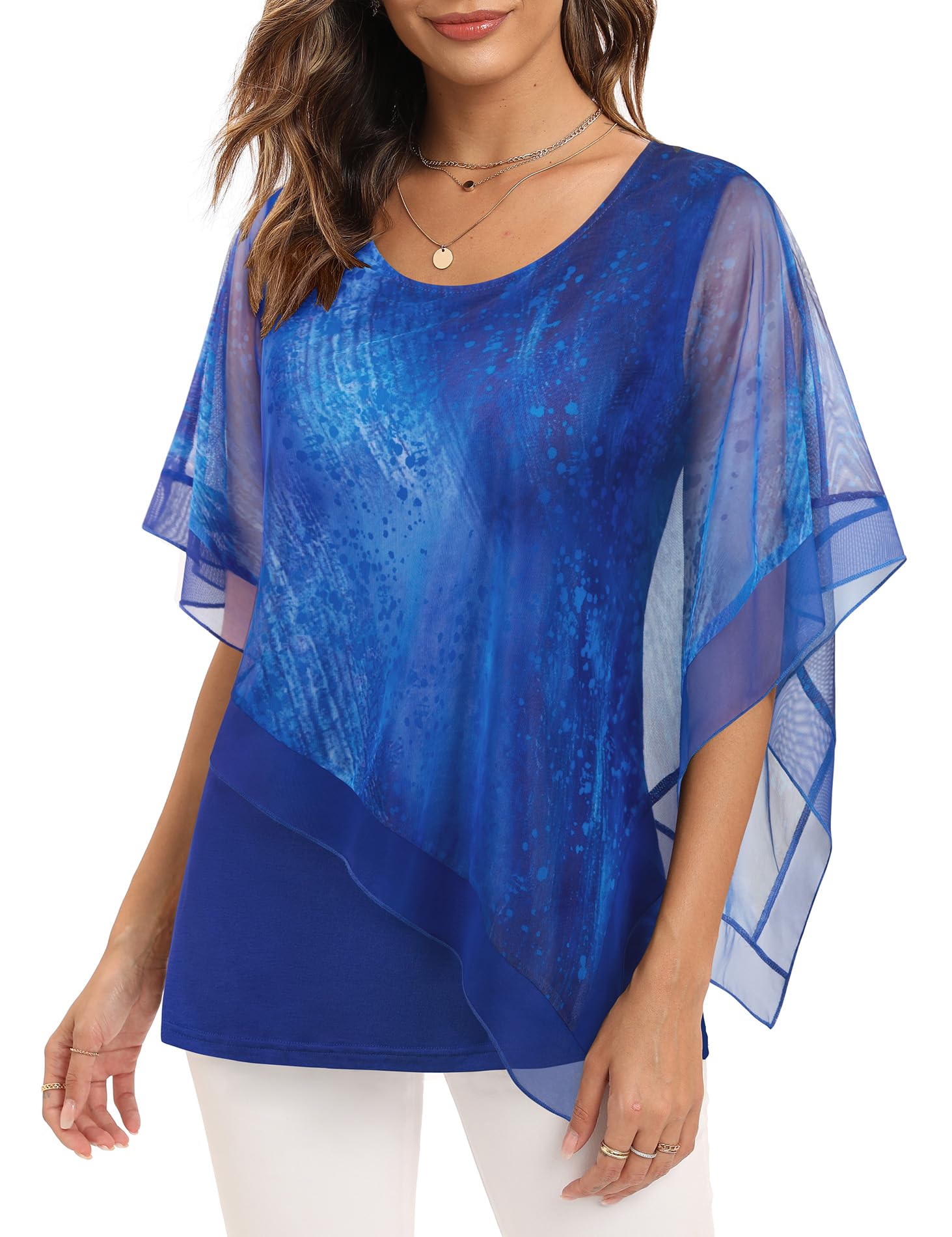 SeSe CodeWomen's Elegant Mesh Blouses Flowy Poncho Tops Dressy Casual Shirts