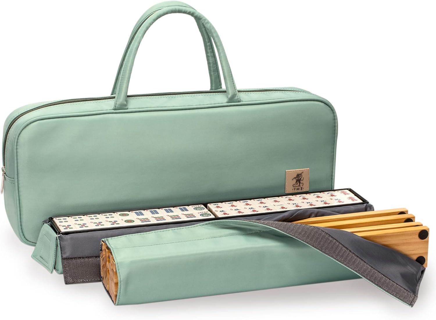 Yellow Mountain Imports American Mahjong Set, Celadon Koi with Mint Green Fabric Case - Four Wooden All-in-One Racks with Pushers, Wright Patterson Scoring Coins, Dice, and Wind Indicator