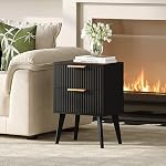 YAUKOMEL Small Night Stand,Bedside Table,Black Nightstand with 2 Storage Drawers,Fluted Side Table with Solid Wood Legs,Mid Century End Table for Living Room,Bedroom,Small Space,Black CAACTG55BK