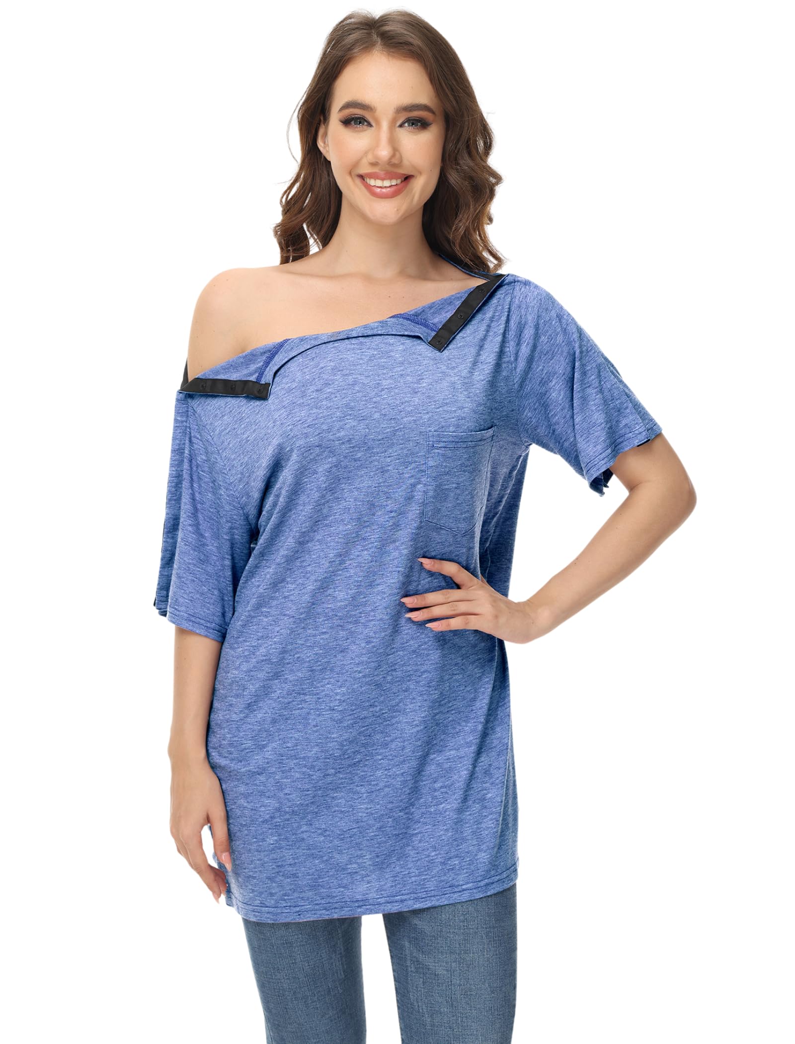 HIBOCTUnisex Post Shoulder Surgery Shirts After Rotator Cuff Surgery Shirt Snap Tearaway Shirts Chemo Port Adaptive Clothing