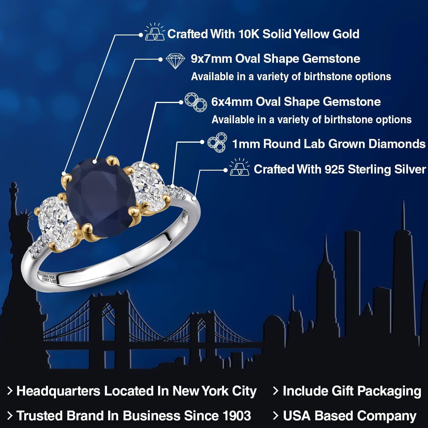 Gem Stone King 3.26 Cttw Blue Sapphire and White Lab Grown Diamond Engagement Ring For Women | 925 Silver and 10K Yellow Gold | Oval 9X7MM | Wedding Engagement Anniversary Promise Ring - Image 2