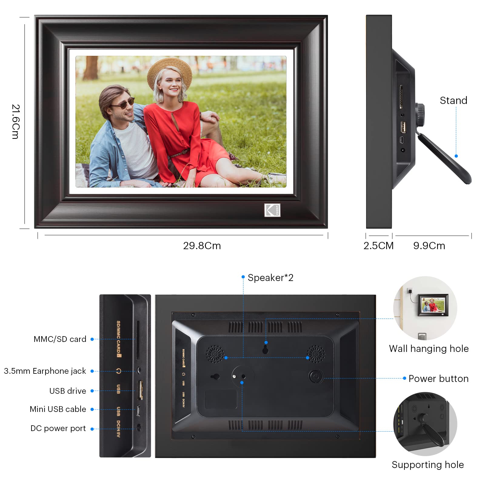 KODAK Cornice Digitale WiFi Cornice Foto Digitale 10 pollici, FHD 1920 * 1200 Touchscreen, Cloud Cornice Elettronica in Legno con Memoria da 32GB, Condivisione di Foto, Video e Musica via USB o App