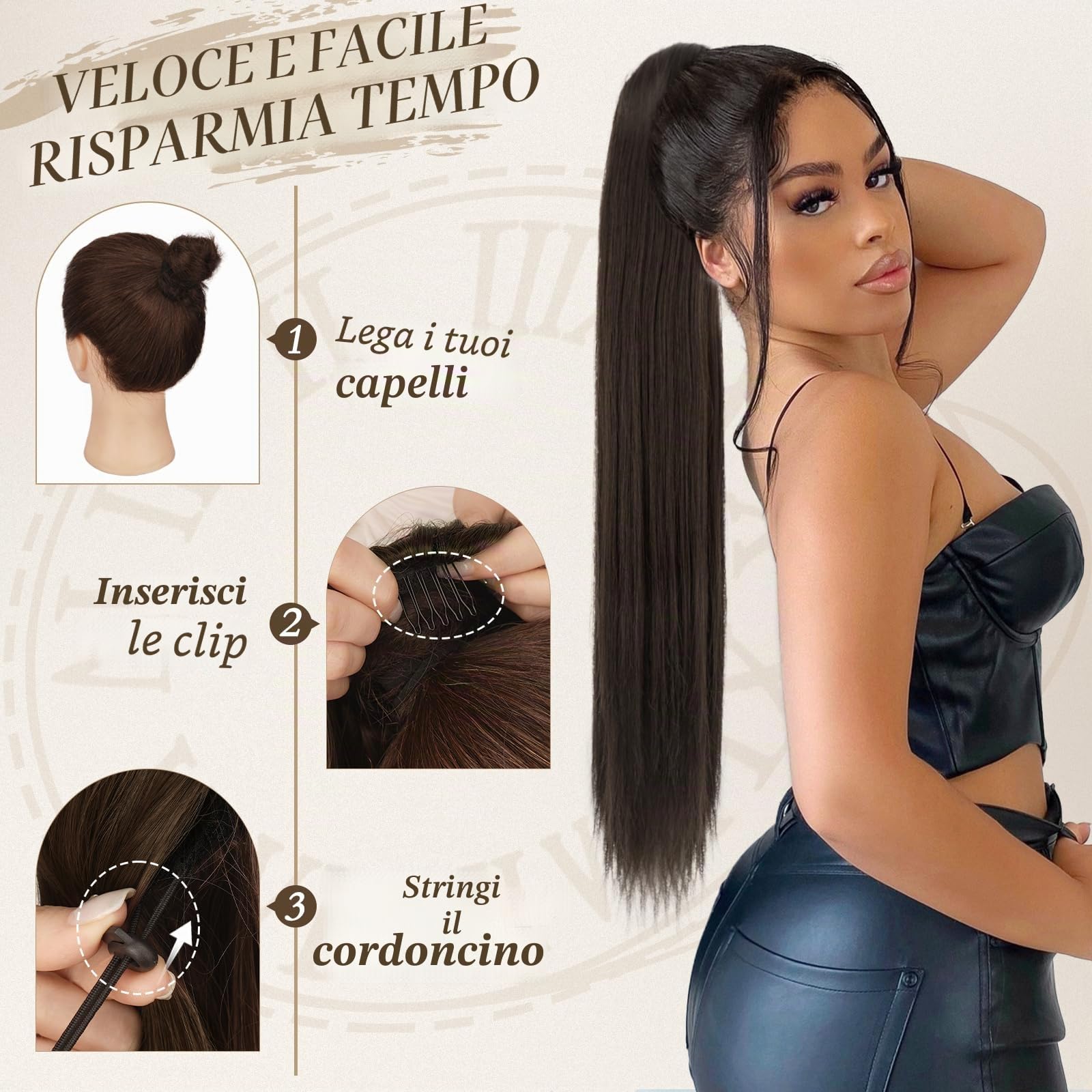 BARSDAR Marrone Coda Capelli Extension, 66cm Lunga Lisci Coda di Cavallo Extension con Coulisse Sintetici Clip in Ponytail Extensions Finta Pony Tails Posticci per Donne Quotidiano - Marrone Scuro