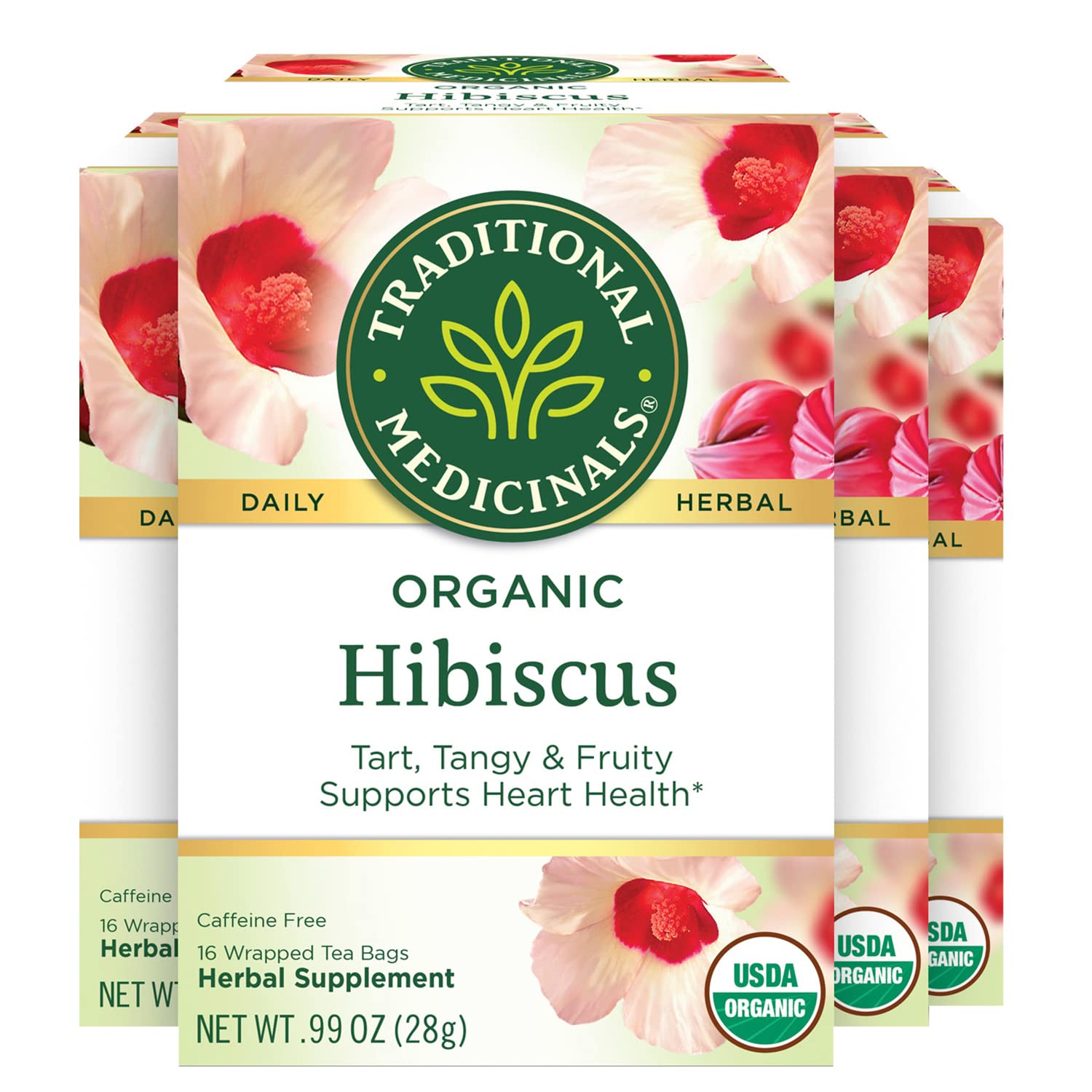 Traditional Medicinals Organic Hibiscus Herbal Tea, Supports Heart Health, (Pack of 4) - 64 Tea Bags Total