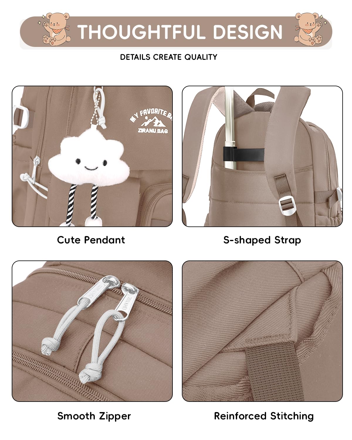 Tanou Schulrucksack Mädchen mit Rollen, 30L Rucksack Trolley 5.-12. Klasse | Abnehmbar Trolley Schulranzen für Kinder Teenager, Lässiger Reise-Rucksack mit 6 Räder, Braun