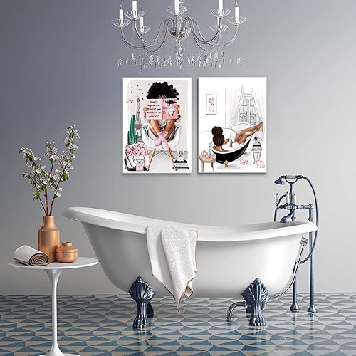 Miniatura 9 de 2 piezas enmarcadas de arte de pared afroamericano, moderno negro para niñas y mujeres, impresiones de póster de playa rosa, juego de obras de arte