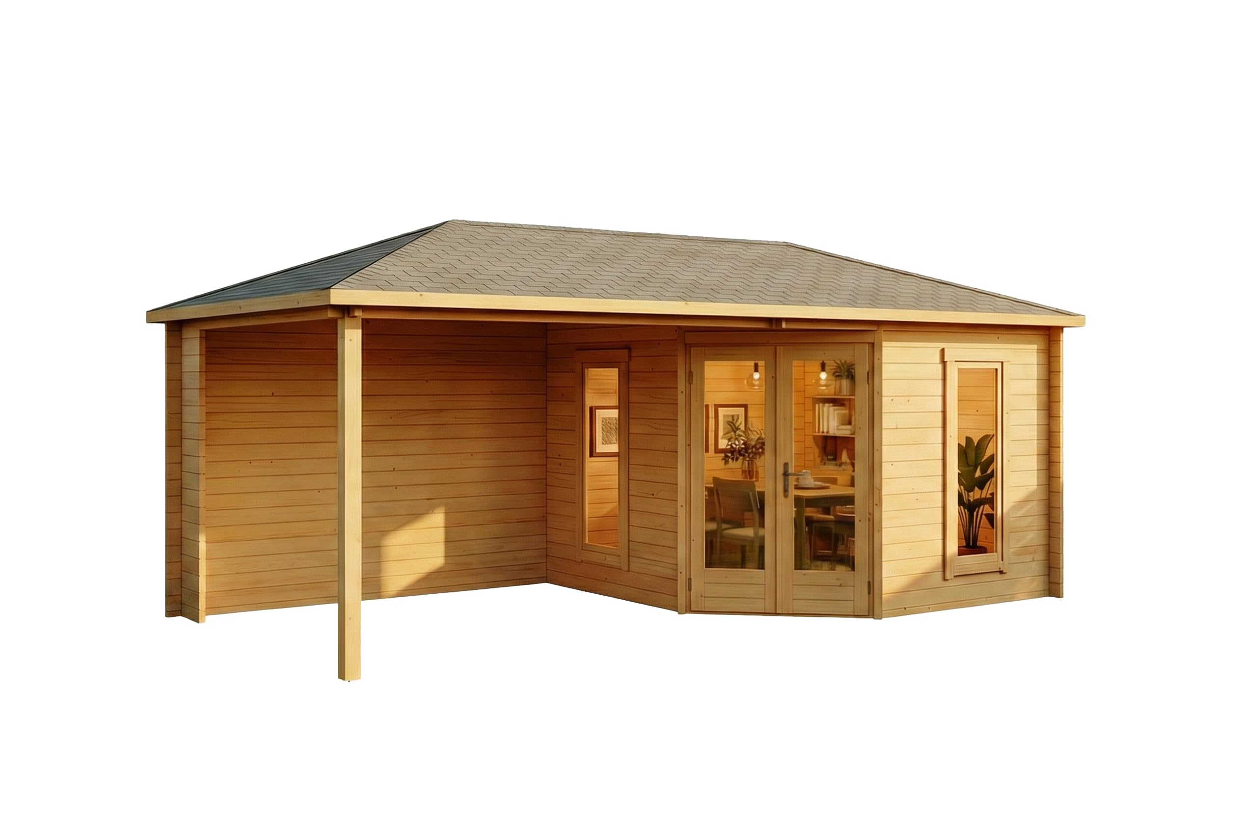 Alpholz 5-Eck Gartenhaus Liwa aus Holz in imprägniert Pinie mit 40mm Wandstärke und Walmdach, Größe: 595 x 300 cm