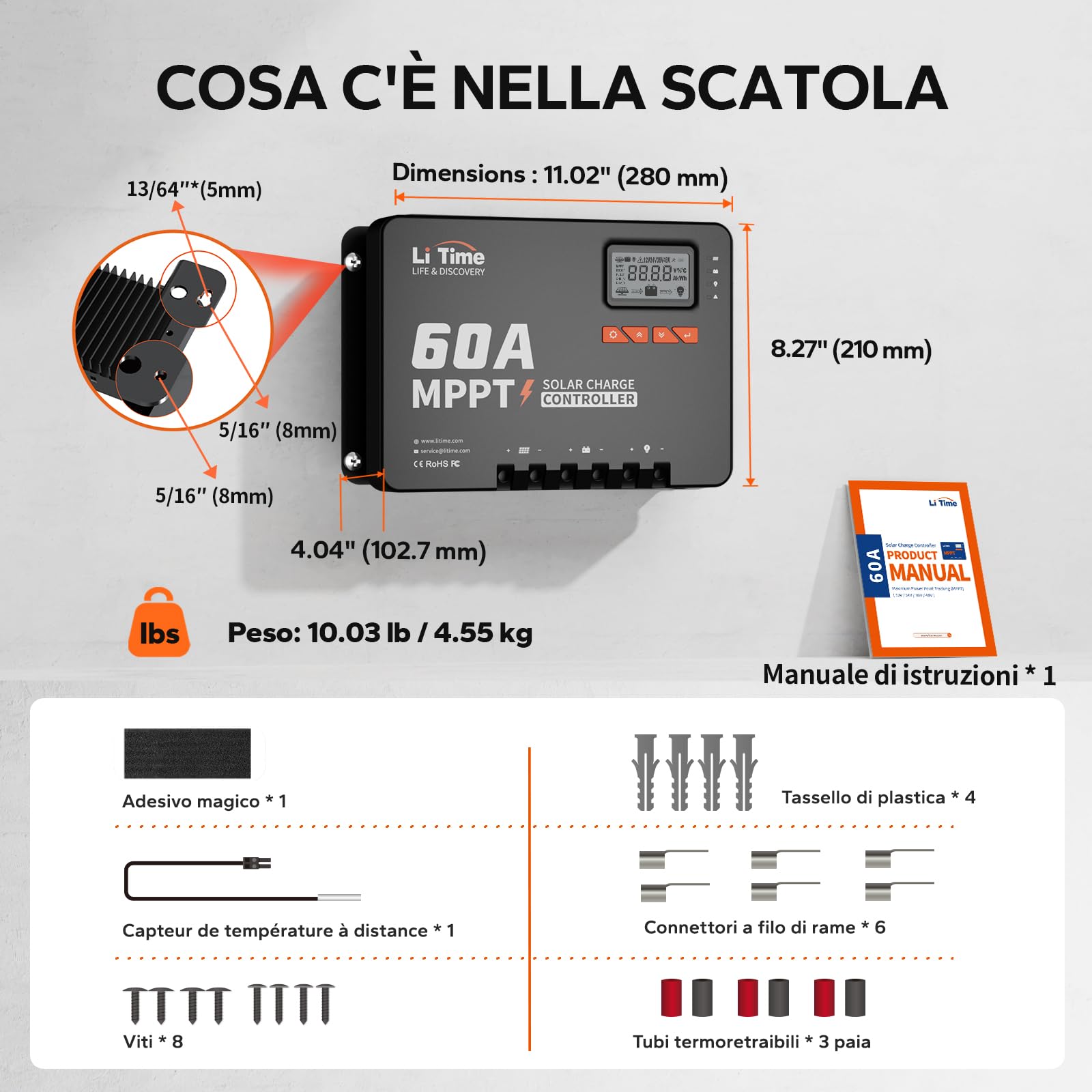 LiTime 60A MPPT 12V/24V/36V/48V Max. 3200W Regolatore di carica solare con ingresso DC automatico e adattatore Bluetooth, display LCD con parametri regolabili, indicatori LED, regolatore per pannello