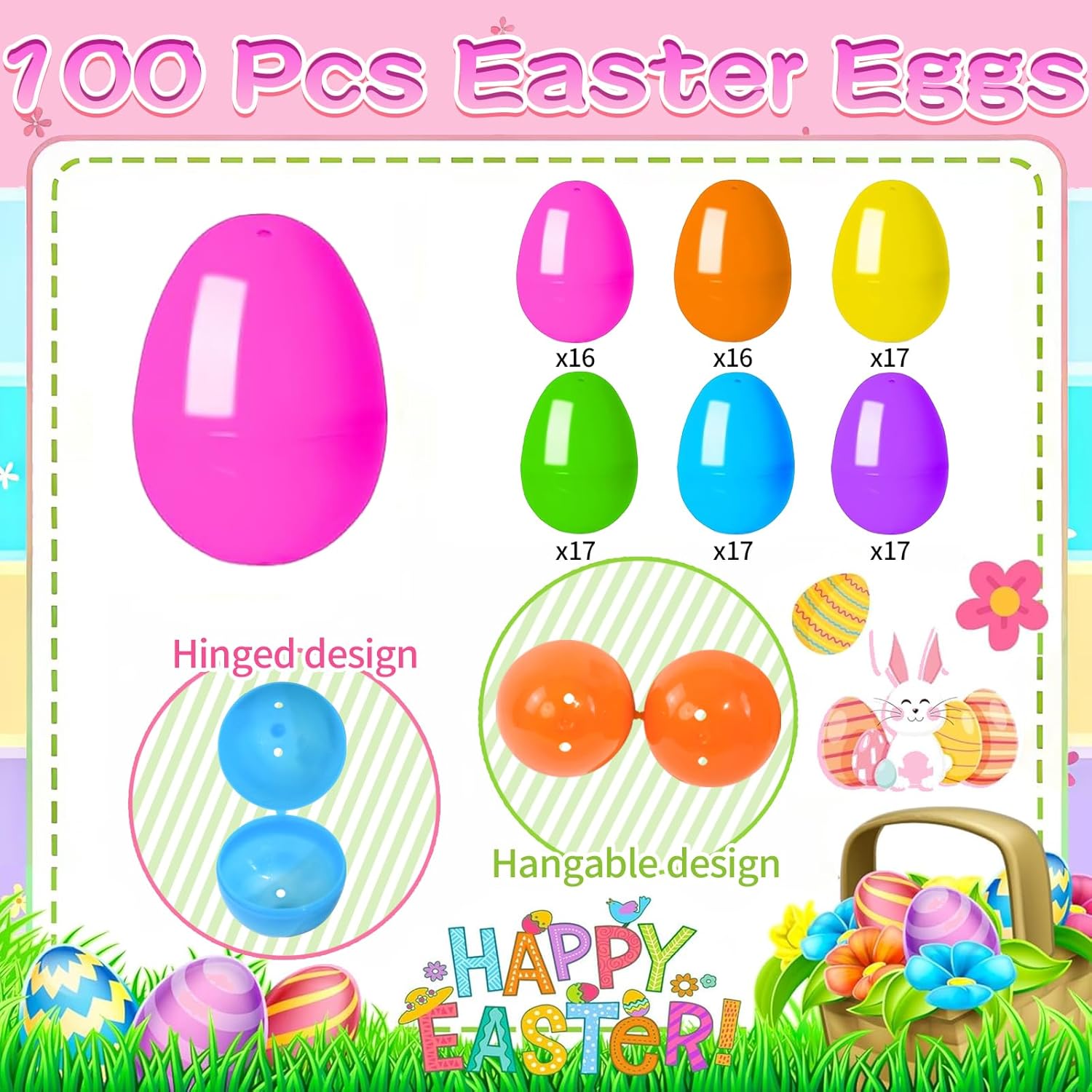 Pinkcow Plastic Easter Eggs Fillable Empty - 100 Pack 3.15" Large Colorful Pastel Eggs Mix Gold Eggs Bulk with Hinge for Easter Basket Stuffers, Egg Hunt Supplies, Party Favor Decorations, Kids Gifts