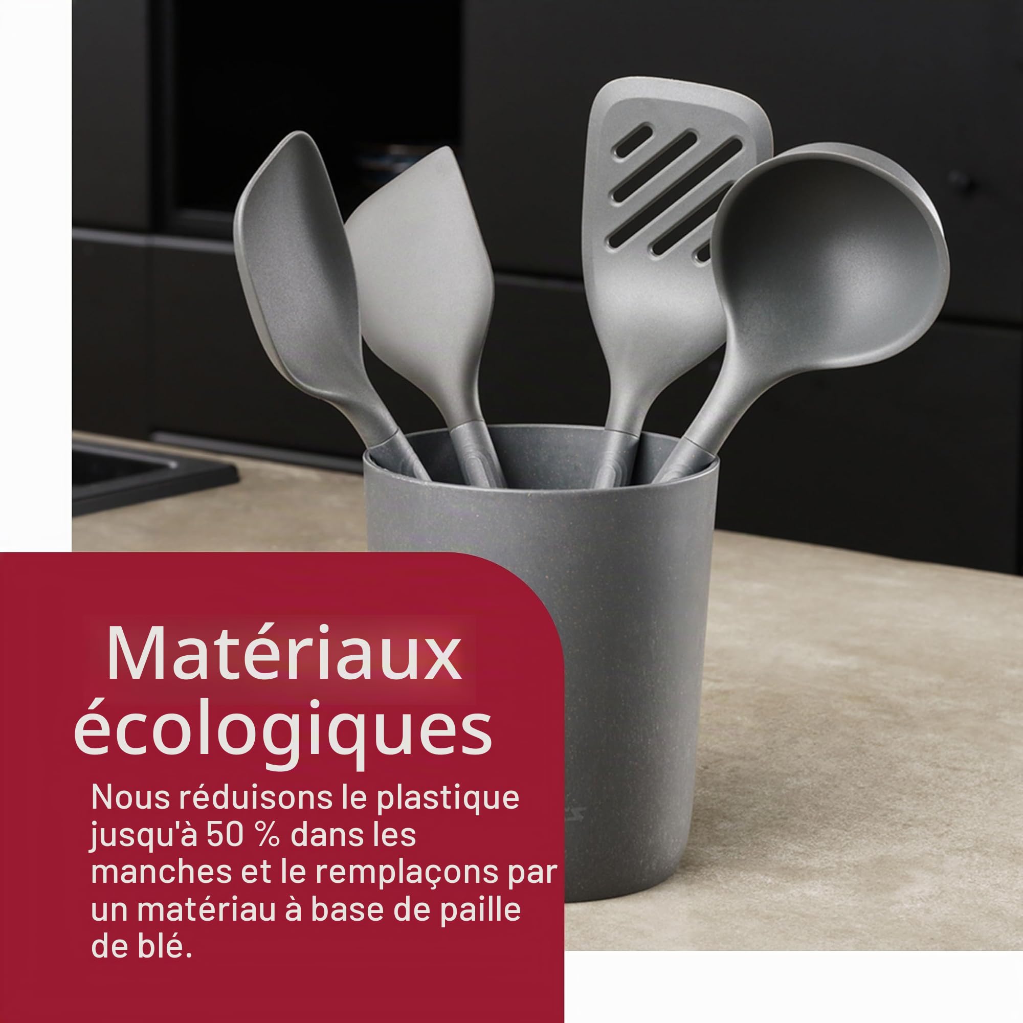 Zyliss 5 PCS Pot à Ustensiles de Cuisine en Silicone Durables, Anti-Rayures | 5 Pièces Set Ustensiles de Cuisine Silicone avec Rangement, Louche, Spatule, Cuillère, Compatible Lave-Vaisselle