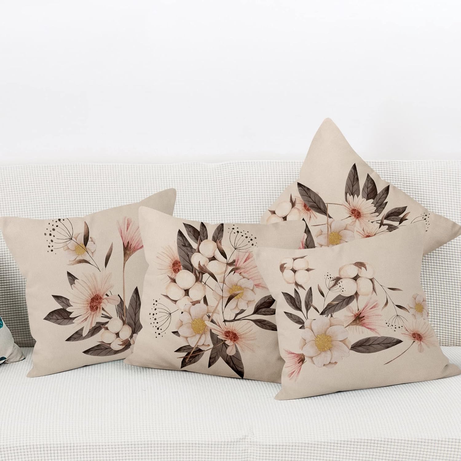 Yeele 20x20inches Floral Decorative Throw Pillow Covers Spring Pink Flowers Abstract Plant Print Pillow Case Set of 4 Cotton Linen Cushion Covers for Sofa Couch Bed Outdoor Indoor Home Decor