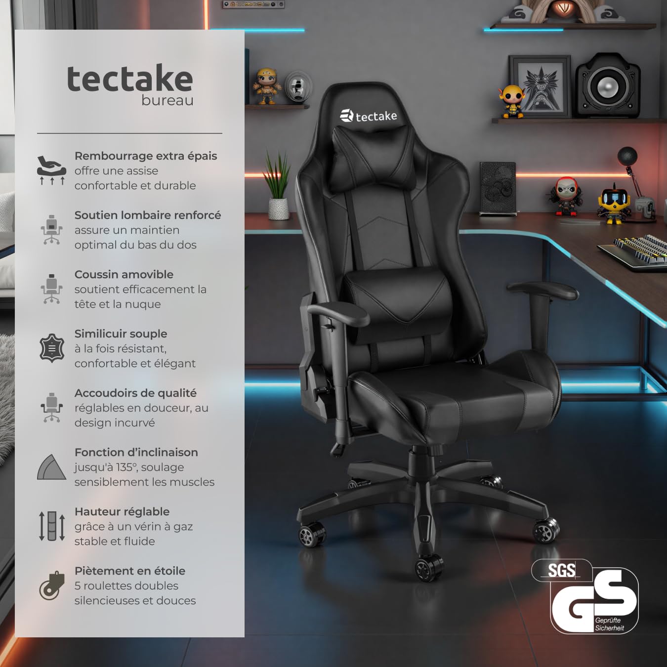 tectake® Chaise Gaming Chaise de Bureau Fauteuil de Bureau Fauteuil pivotant Design avec Coussin Lombaire et Nuque, Chaises Ergonomique, Fauteuils avec Accoudoirs, Roulette, Teletravail - Noir