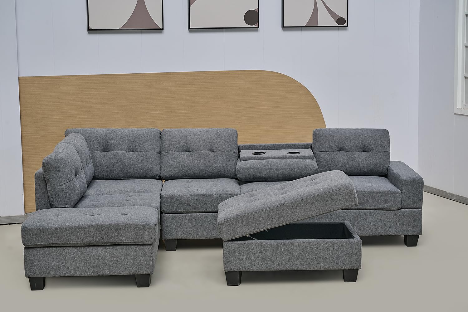 SofaHeaven Western Grey Fabric Corner Sofa With Cup Holder & Ottoman - L shape High Back Suite For Living Room - Cheap Sofas & Couches-3020 (Left Hand Side)