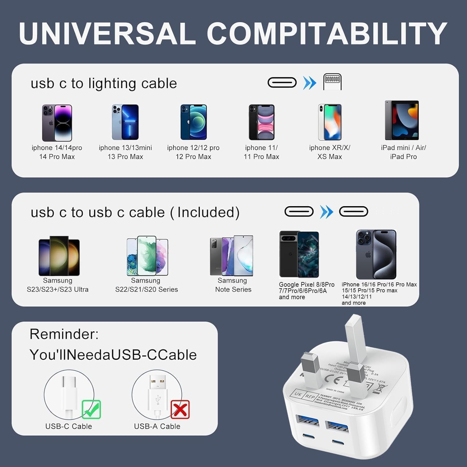USB C Charger Plug,2Pack 40W USBC Fast Charge Plugs 4-Port Multi USB Plug UK Charging Compatible with iPhone17 16 16e 15 14 13 12 Pro Max Plus iPad,Multiport USC Wall Power Type C Mains Head — view 2