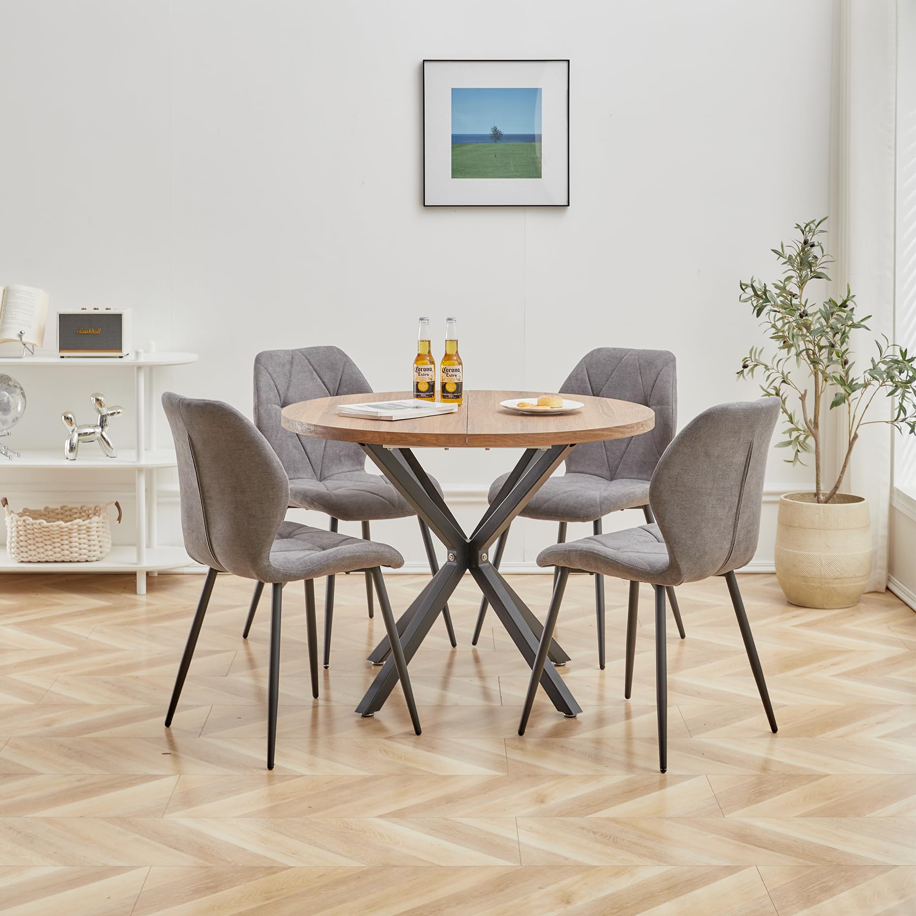 Juego de Mesa de Comedor Redonda de 100 cm con 4 Sillas de Tela de Lino, Conjunto Mesa y Sillas de Comedor para Comedor, Cocina y Salón (Madera Oscura+LX-Gris)