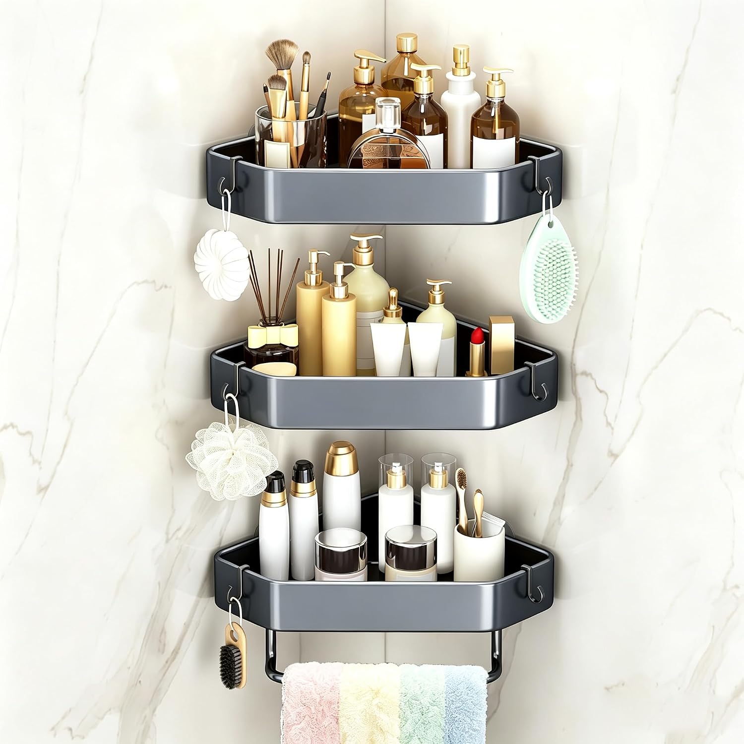 Corner Shower Caddy 3-Tier, Rustproof Shower Shelf, Adhesive or Drill Mount