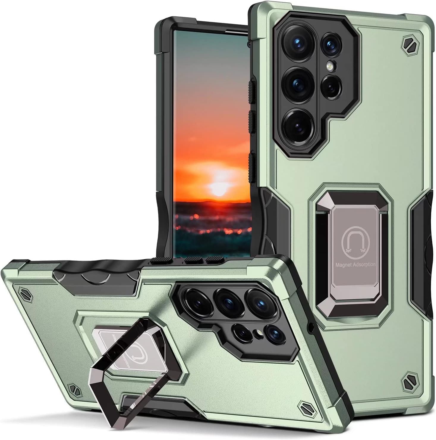 Case for Samsung Galaxy S22 Ultra Case with Stand Ring, Heavy Duty Full Protective Phone Case with Kickstand Support Magnetic Car Mount, Rugged Shell Cover for Samsung S22 Ultra 5G 2022 (Green)