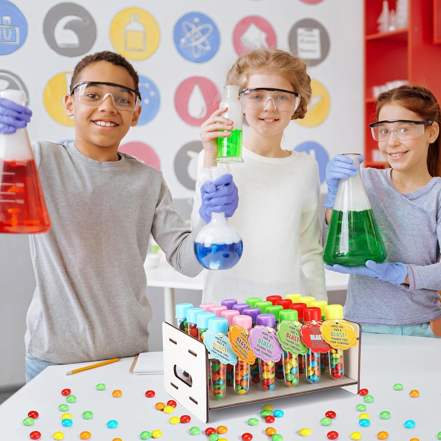 Maxdot 24 Set Science Party Favors with 24 Pcs Candy Tubes Wooden Test Tube Holder Cards Science Birthday Decorations Candy Party Favors Lab Plastic Test Tubes with Caps