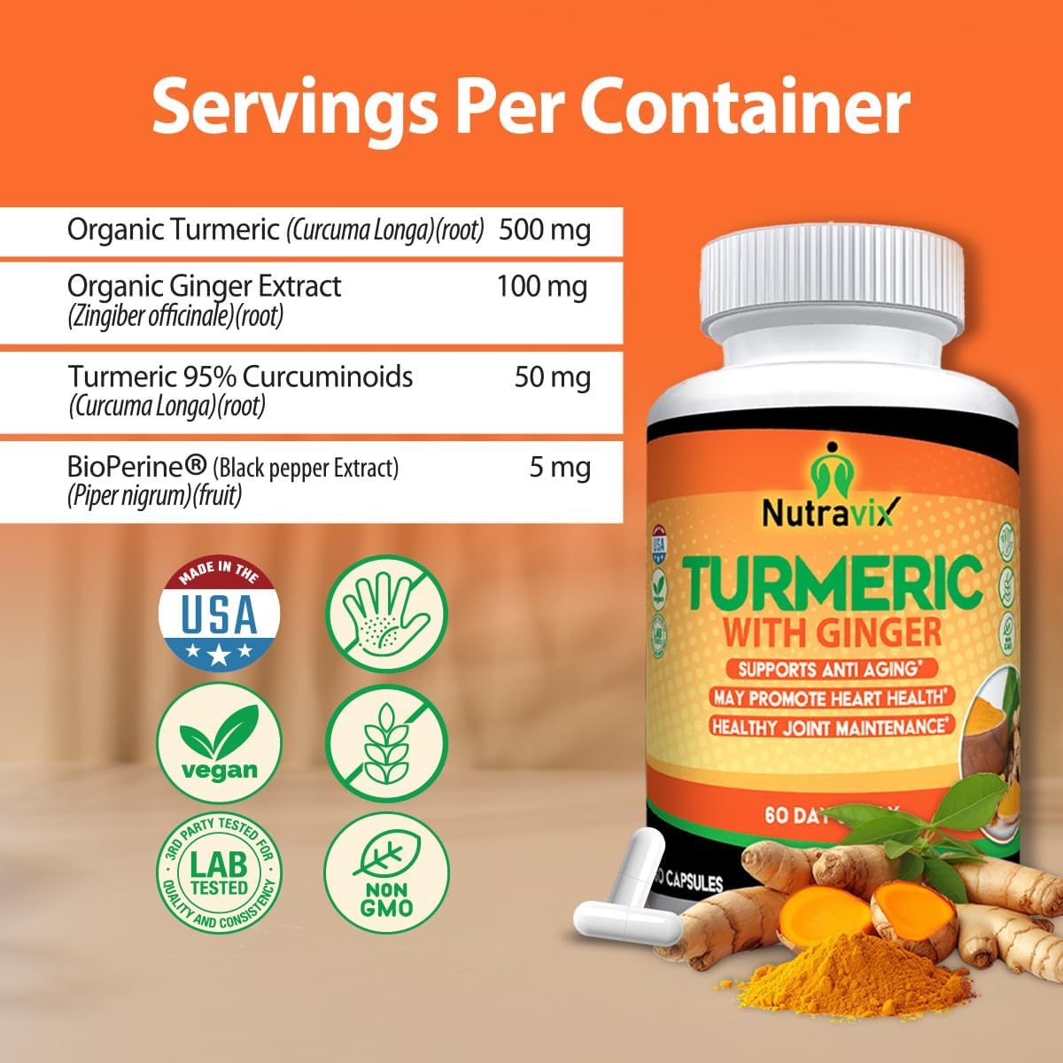 Turmeric and Ginger Capsules with BioPerine – Organic Turmeric with Ginger Root Extract Supplements for Joint, Digestive & Daily Wellness Support – 60 Veg Capsules, Made in USA - Image 4
