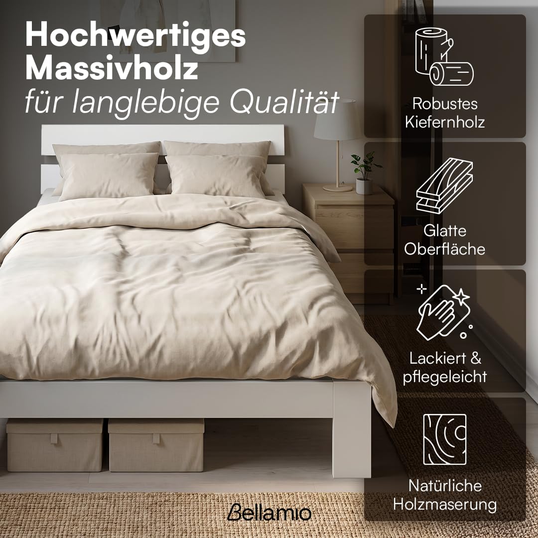 Bellamio Kavir Holzbett 120x200 cm, Massivholz Kiefer, mit Lattenrost, weiß | Massivholzbett , Bettgestell mit Bettkopf, Stabiler Bettrahmen bis 120 kg, geeignet als Einzelbett, lackiert
