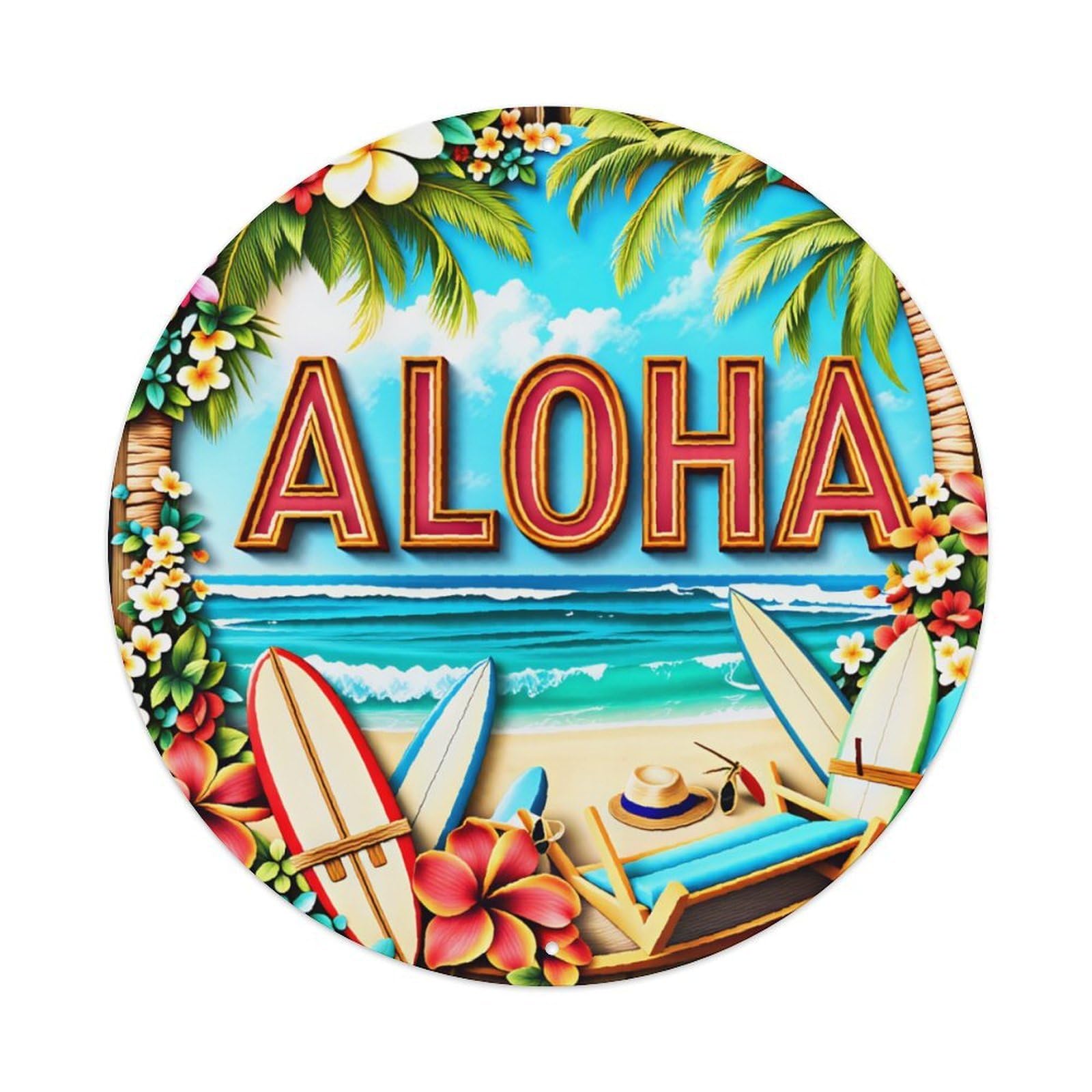 Ldfuieksufg Style Round Aloha Hawaii Beach Surf Tropical Scenery Wall Sign Tiki Decor Vintage Aluminium Metal Sign, Retro Wall Decor For Home, Bar, Garage & Farmhouse 20X20cm