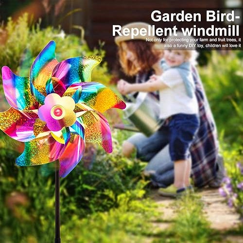 Miniatura 3 de Paquete de 10 molinetes reflectantes brillantes, rueda de alfiler holográfica, molinete reflectante que asusta a los pájaros para jardín, patio,