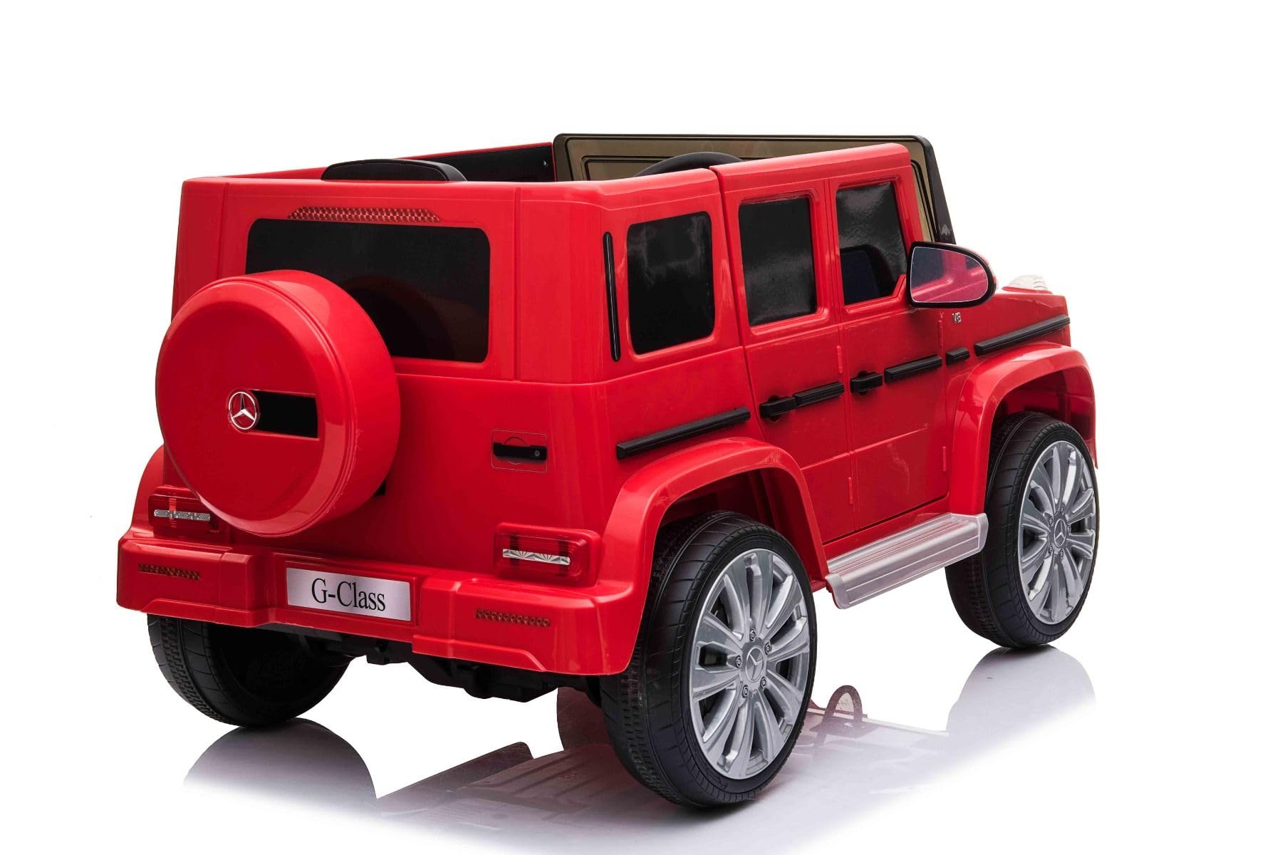 Samochód elektryczny Mercedes G500 12 V, czerwony, pilot 2,4 GHz, wejście USB/SD, tylne zawieszenie, bateria litowa, oświetlenie LED, oryginalna licencja