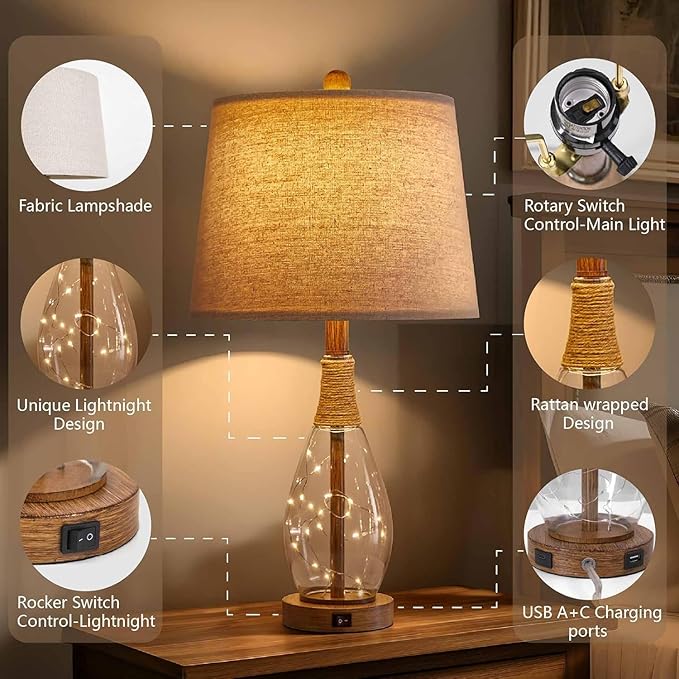 OYEARS OYEARS 23" USB A+C Table Lamp Sets of 2 Modern Bedside Lamps Retro Farmhouse Rattan Glass Nightstand Nightlight Lamps for Bedroom Living Room Dorm,Two Light Points photo 6