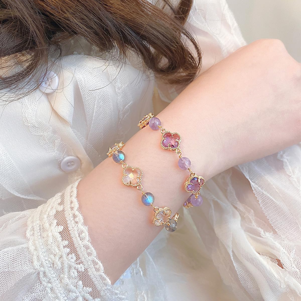 Hotan Jade Pearl Bracelet Four leaf Grass Drill Button Design Oriental Poetic Light Luxury Wristband/New Year gift/Valentine's Day gift