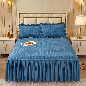 3Pieces Quilting Bedspread Ruffled Bed Skirts 3 Side Coverage 17 Inch Drop Dust Queen Size Bedskirts Cotton Bedskirt Breathable Bedding Set with 2 Pillow Cases Color Blue, Size Twin