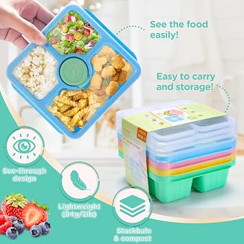 QQKO Bento Yetişkinler Çocuklar için Çerez Kutusu Konteynerleri, Öğle Yemeği Hazırlama Konteynerleri Yeniden Kullanılabilir, Kapaklı 4 Paket Bölünmüş Gıda Saklama Kapları, Sos Bardaklı İstiflenebilir