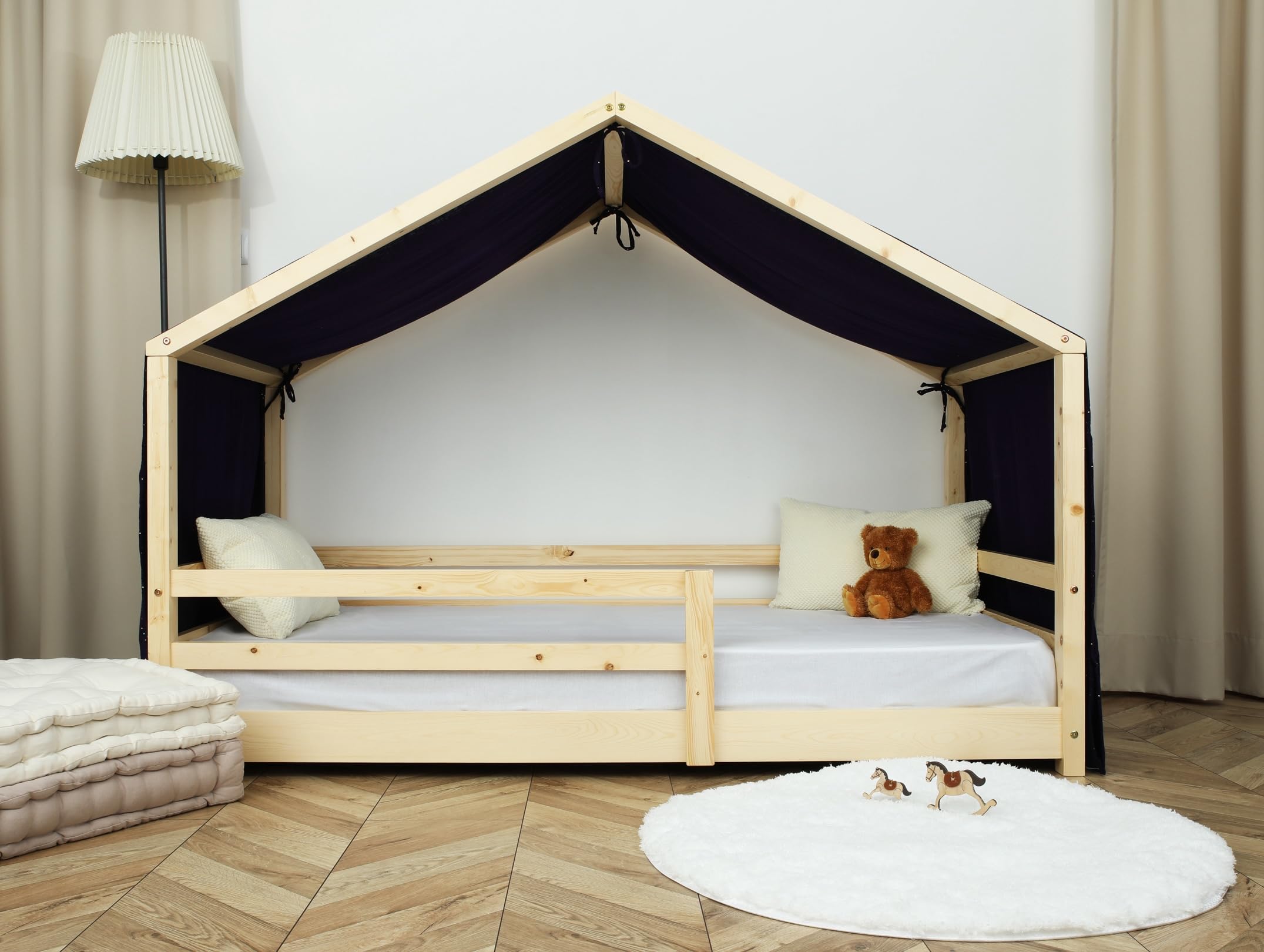 Tenda Letto Bambini 100% Cotone - Tenda Letto Montessori per Letto Bambini 80x160 e 90x190cm - Modelo 2 (Blu notte/Oro, 97 x 402 cm)