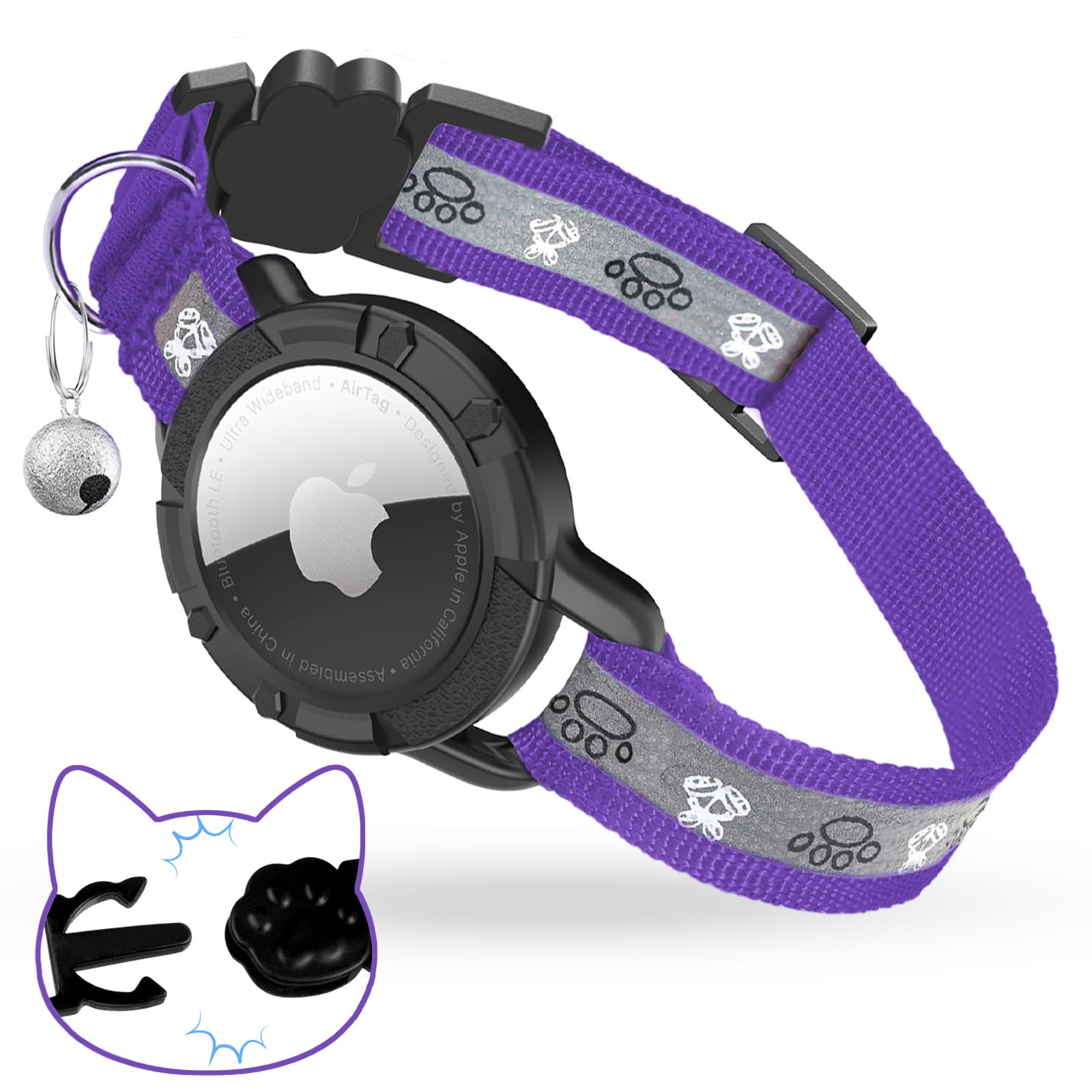Breakaway AirTag Katzenhalsband, reflektierendes Katzen-Tracker-Halsband mit Airtag-Halterung und Glocke, Sicherheits-Gummiband, Katzen-GPS-Halsbänder für Mädchen, Jungen, Katzen, Kätzchen und Welpen