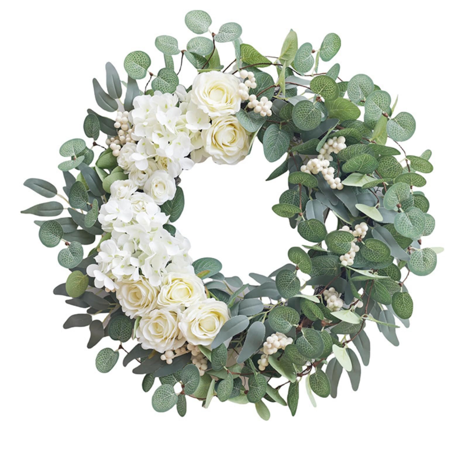 White Rose & Eucalyptus Wreath 45CM Artificial Greenery Front Door Wreath, All Season Wreath for Indoor Outdoor Home Decor (45CM)