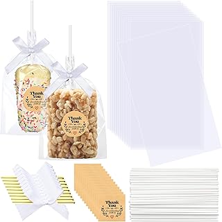 Wavwavw 100 Sets Clear Rice Krispie Treat with Ribbon Bow and Thank You Stickers Flat Cellophane Clear Candy Bags for Rice Krispie Treats Gift Giving Bags(White