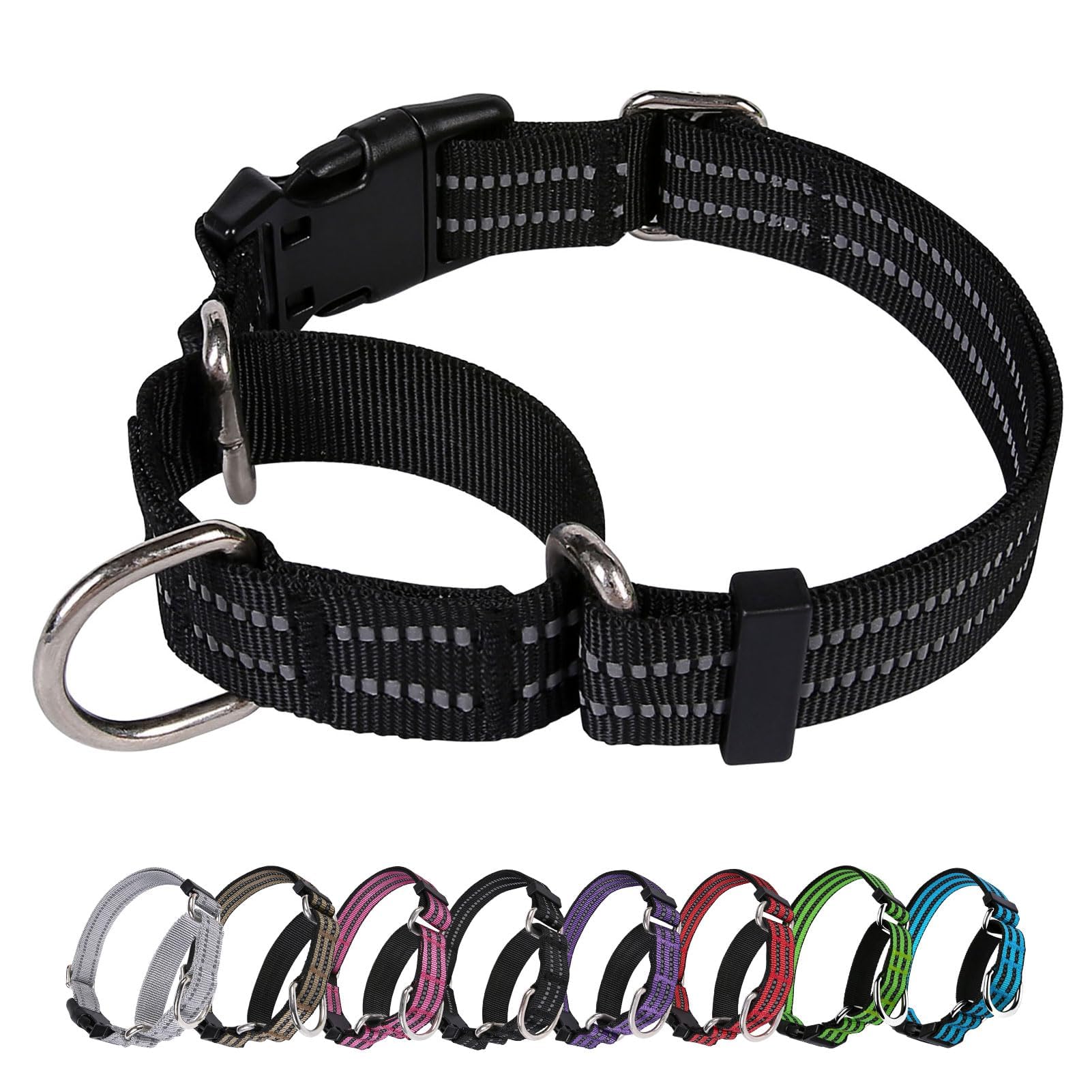 JOYEEIIOO Martingale Dog Collar, Adjustable Nylon Reflective Collar with Buckle No Pull Dog Collar for Small Medium Large Dogs (Black L)