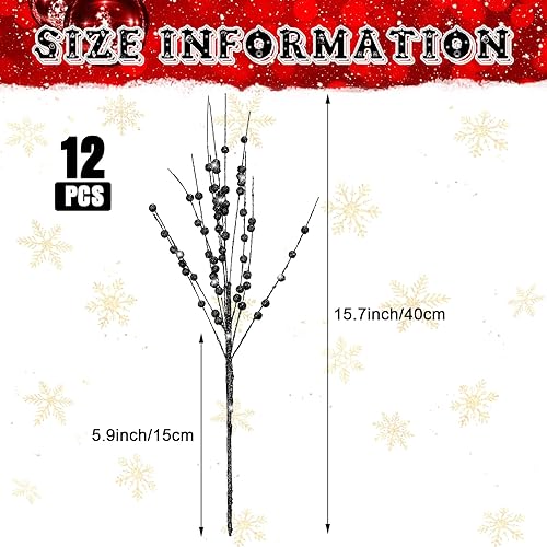 Miniatura 2 de Jutom 12 tallos de bayas artificiales de Navidad con purpurina de 15.7 pulgadas, adornos de púas de bayas de acebo, adornos falsos para árbol de