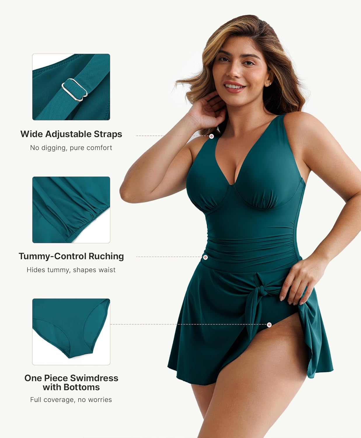 FeelinGirl Women's Tummy Control One Piece Swimsuit with Built-in Bra V Neck Skirted Swimsuit Dress
