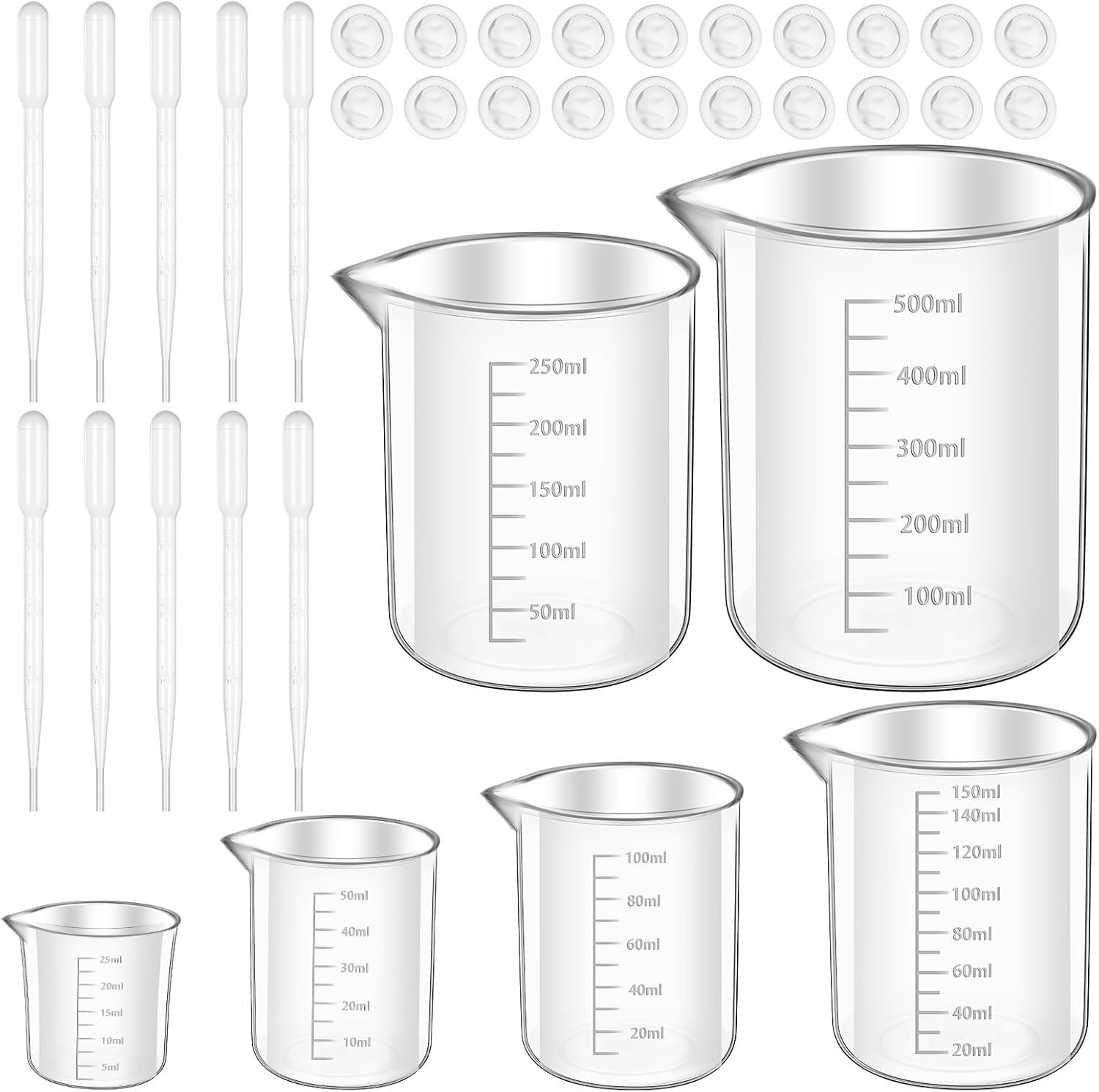 Beaker, 6 Pcs Clear Graduated Plastic Beakers Set Lab Measuring Cup with 10 Dropper 20 Finger Cot, Liquid Container 25ml/50ml/100ml/150ml/250ml/500ml for Laboratory Science Chemistry Experiment