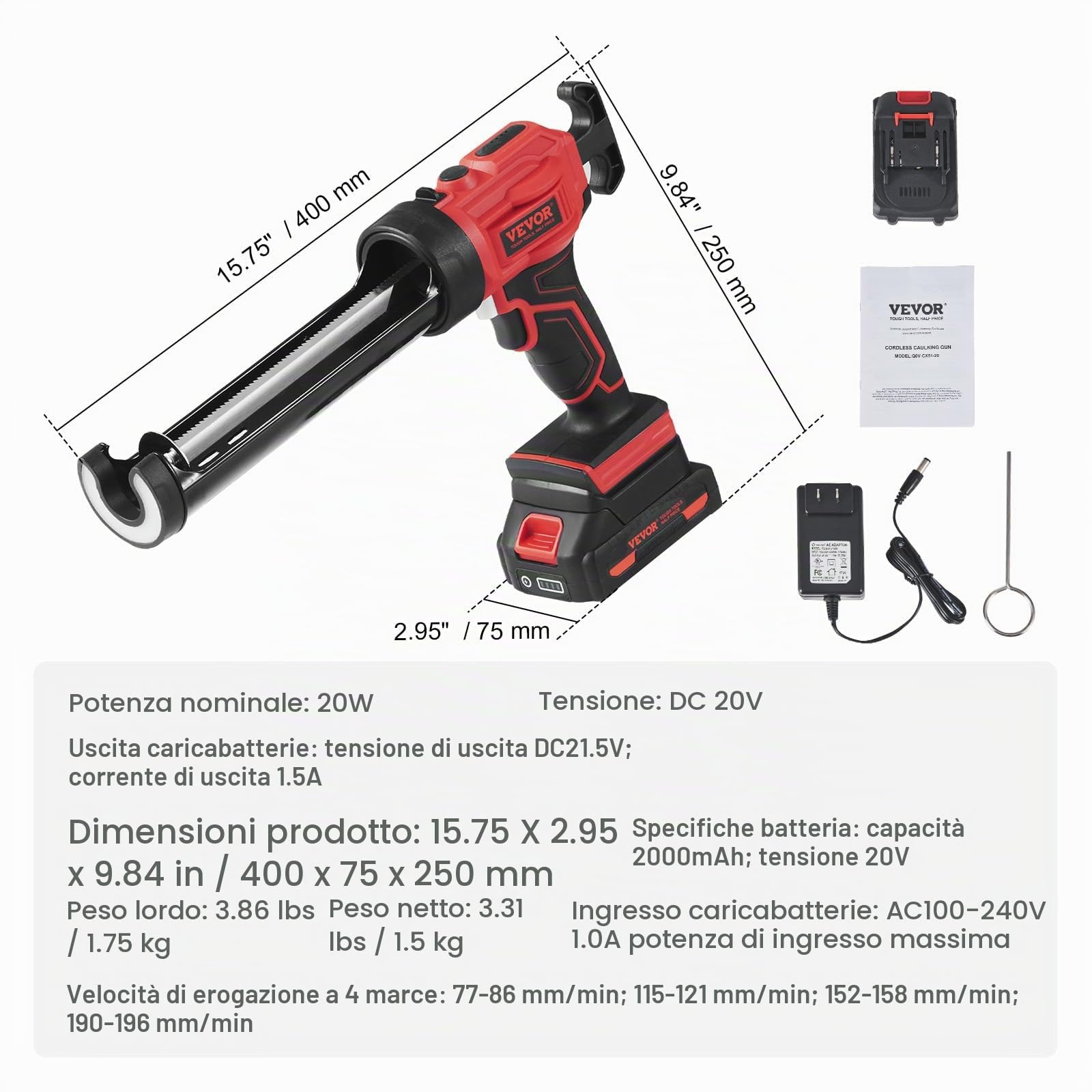 VEVOR Pistola Elettrica Senza Fili per Cartucce Pistola per Sigillante 300 ml 20 V, Pistola per Calafataggio Caricatore Rapido Antigoccia 4 Velocità Regolabili per Calafataggio Riempimento Sigillatura