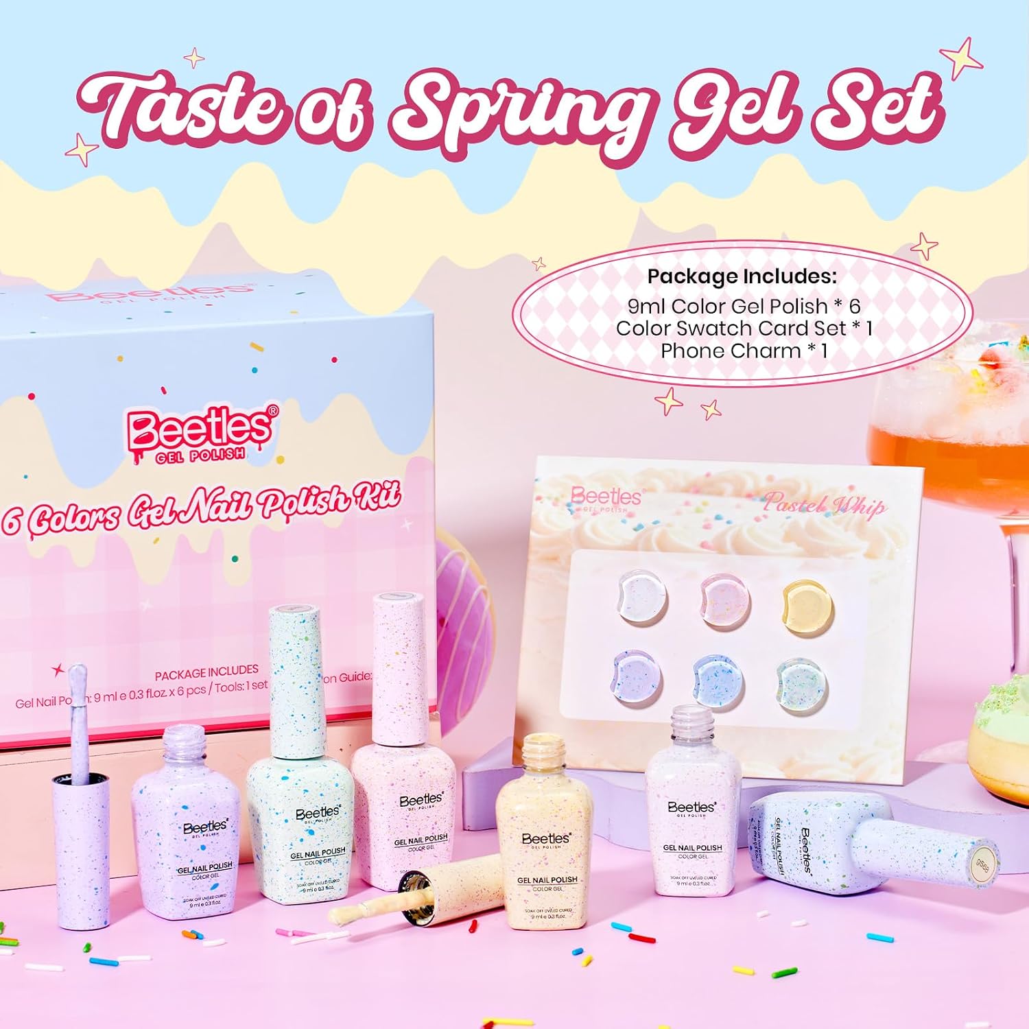 Beetles Summer Gel Polish Set, Pastel Whip 6 Colors Taste of Spring Macaron Shimmer Glitter Gel Polish Kit Spring Pink Yellow green Soft Creamy Soak Off UV LED DIY Gel Nail Art Gifts for Women