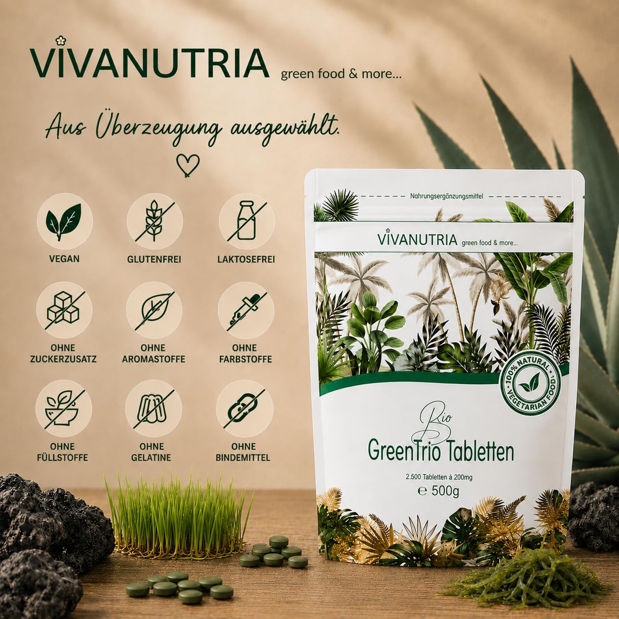 VivaNutria Bio Green Trio Presslinge 500g | aus kontrolliert biologischem Anbau I 2500 Tabletten aus Spirulina Chlorella & Gerstengras I ohne Zusätze I Rohkostqualität I vegan
