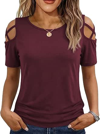 Women's Summer Cold Shoulder Tunic Top - Short Sleeve, Loose Fit