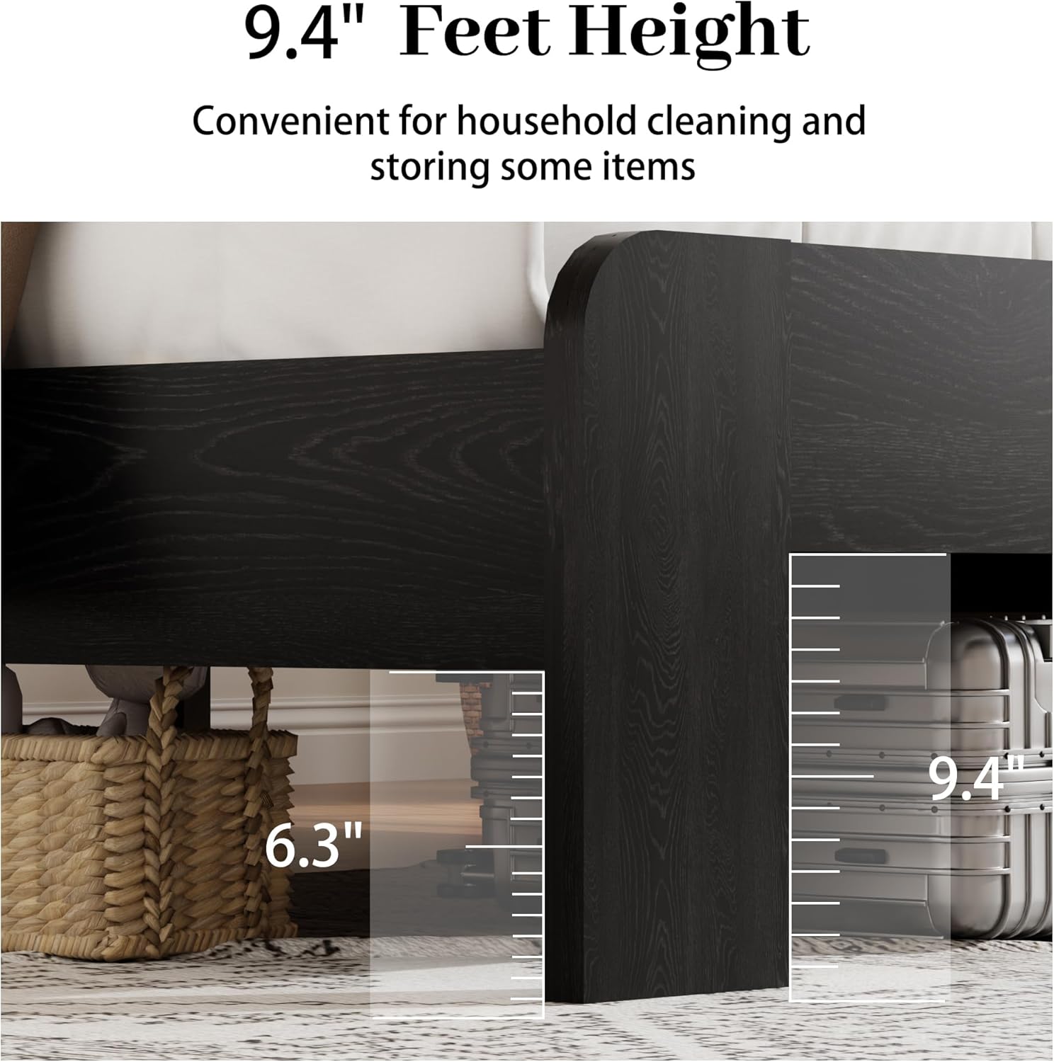 King Size Wooden Bed Frame with Headboard, Rustic Farmhouse Wooden Bedframe with LED Lights and Charging Station, Easy Assembly, No Box Spring Needed (Black, King)