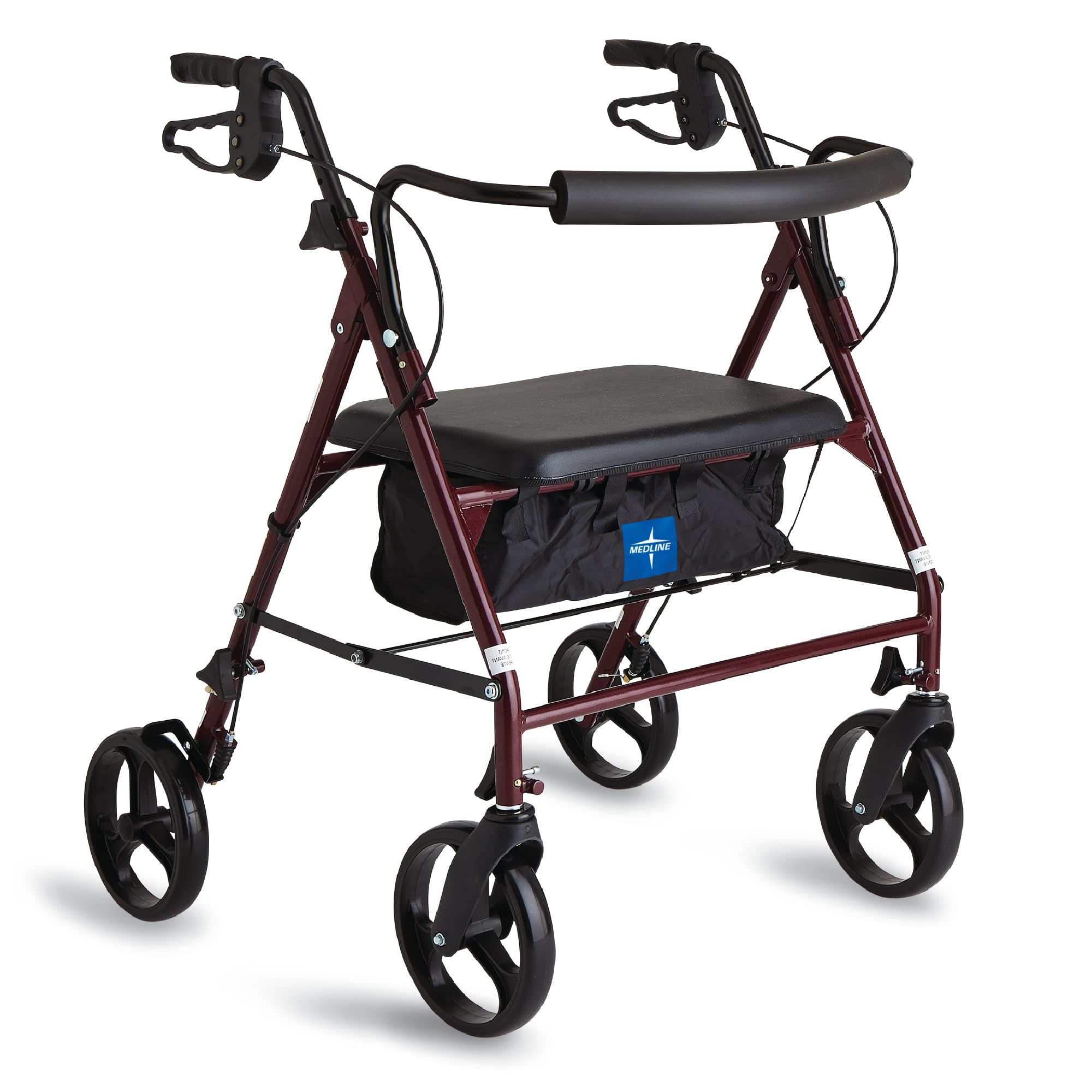 Medline Heavy Duty Rollator Walker with Seat, Bariatric Rolling Walker Supports up to 500 lbs, Large 8-inch Wheels, Burgundy