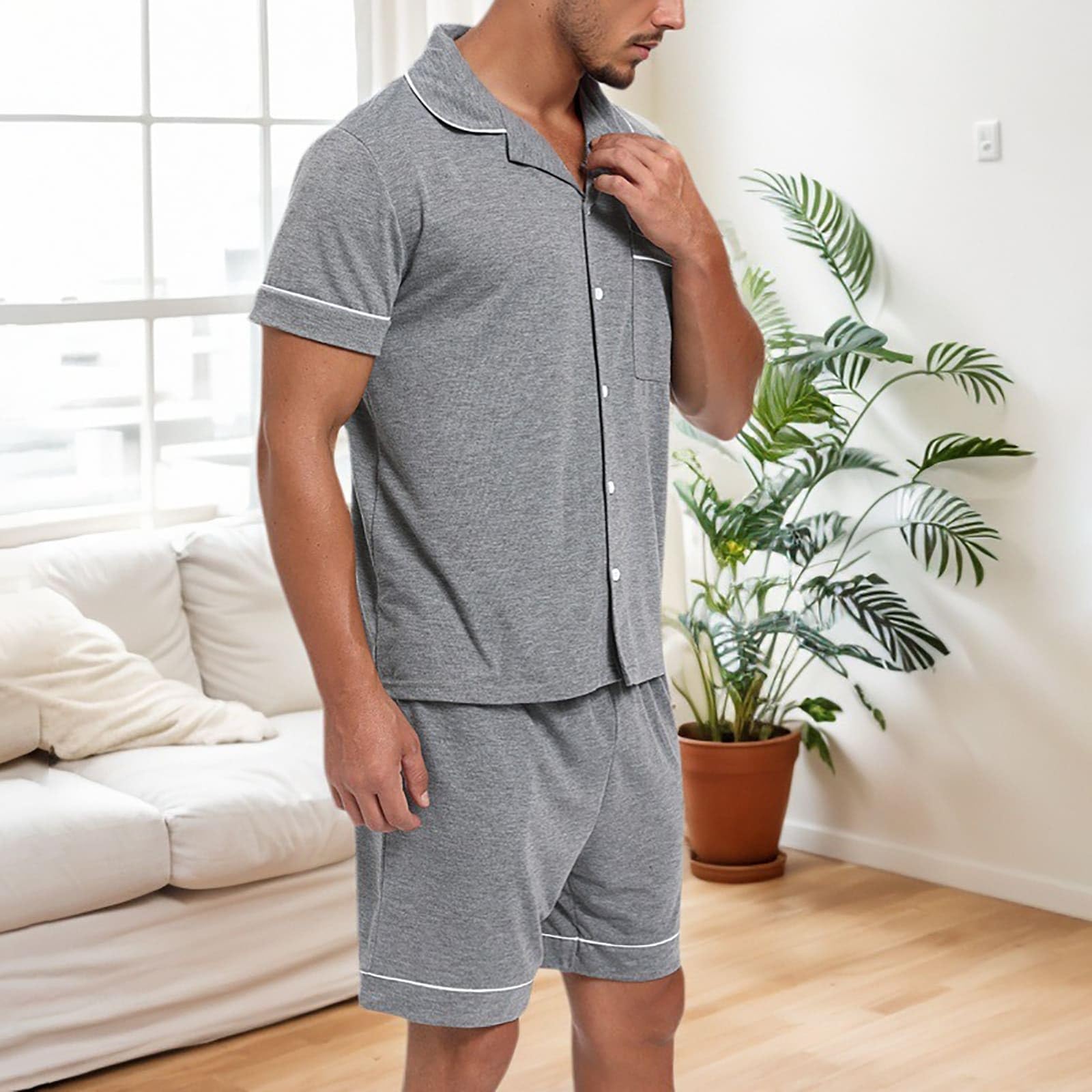 Pijama corto para hombre y hombre, conjunto de pijama de manga corta con botones, ropa de dormir de dos piezas con botones y bolsillos