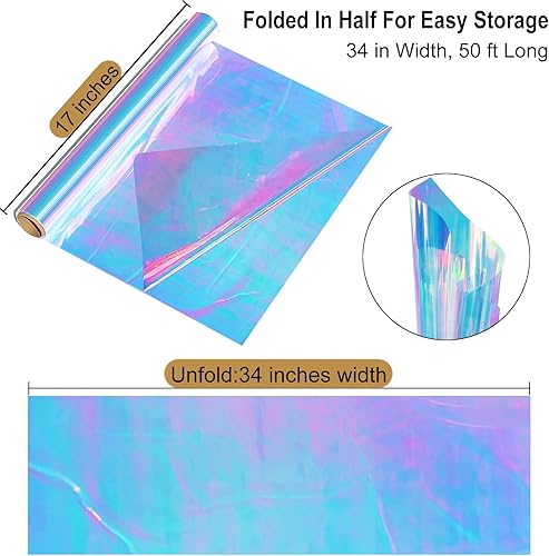 Miniatura 2 de Rollo de celofán iridiscente de 34 pulgadas x 50 pies, película iridiscente extra ancha, envoltura de celofán de color arcoíris, rollo de celofán