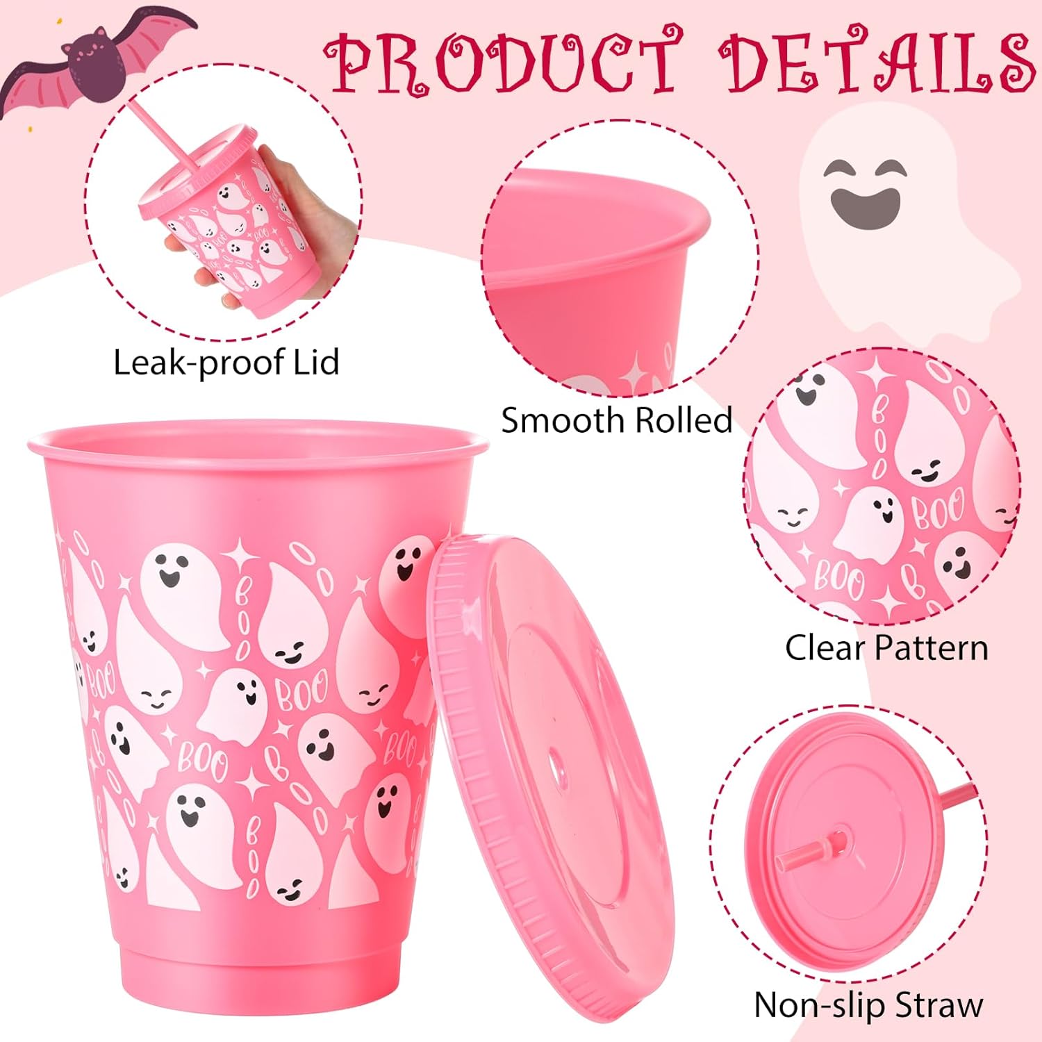 10 Pcs Halloween Ghost Plastic Cups with Lids and Straw Pink Ghost Boo Tumbler 16oz Reusable Drinks Cups for Cold Hot Coffee Movie Night Birthday Halloween Party Favors Decorations - Image 3