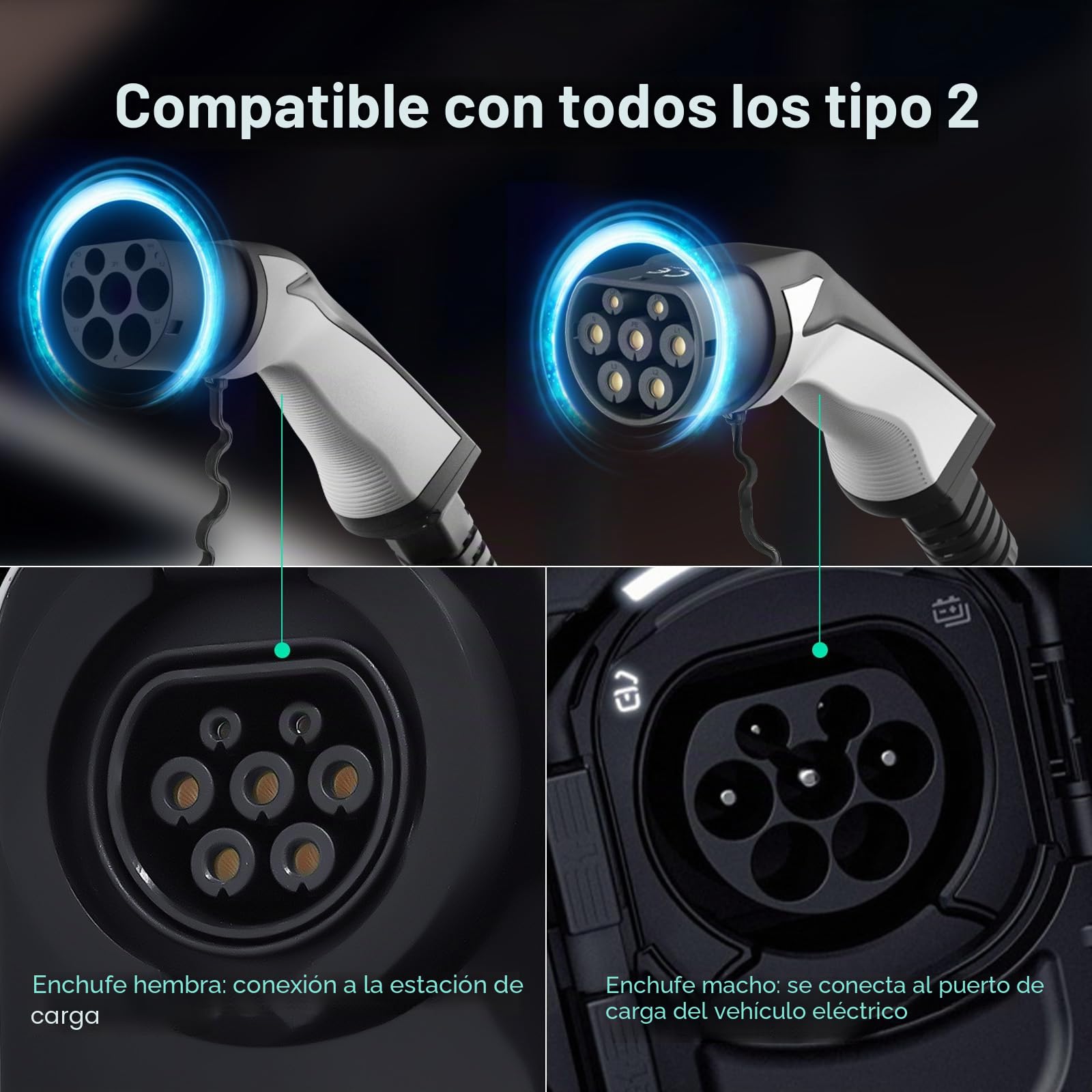 Cable de Carga EV Tipo 2 Cable Carga Coche Electrico Trifasico 32A 22KW 10M, con Bolsa, Compatible con el Model S/3/X/Y, ID.3, i3, Leaf, EQC, I-Pace, E-Tron